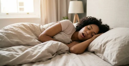 Woman sleeping on her side on a white bed in a sunlit bedroom, with a soft gray duvet and a bedside lamp in the background.