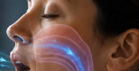Woman breathing in through her mouth