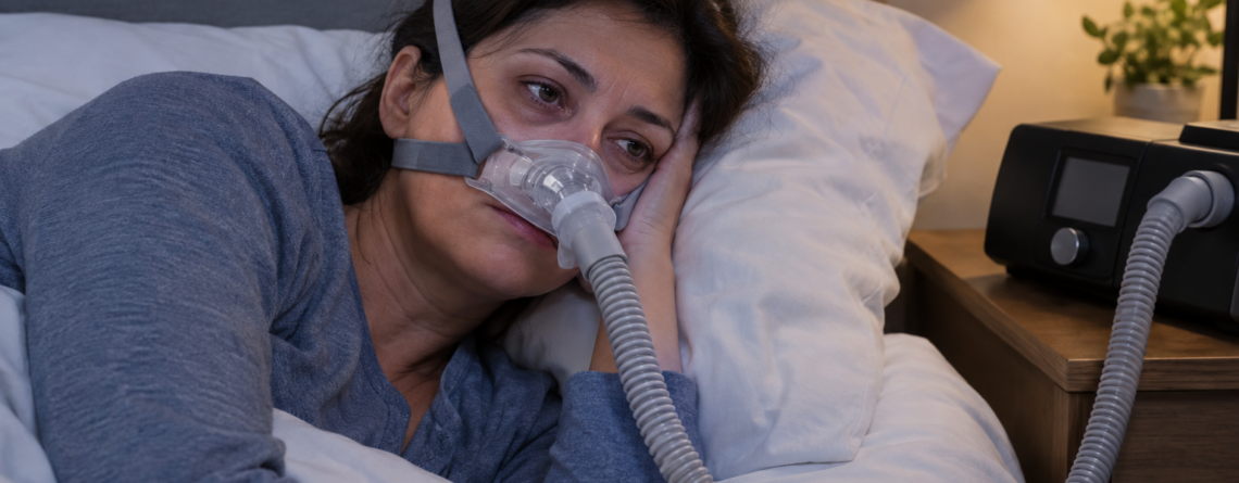 Tired woman struggling to sleep while using a CPAP machine