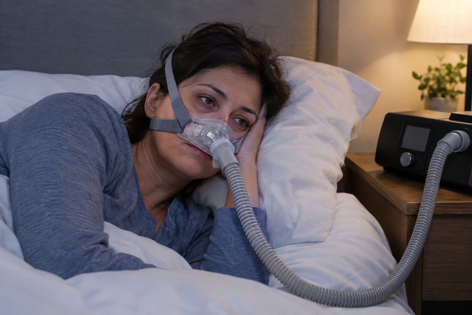 Tired woman struggling to sleep while using a CPAP machine