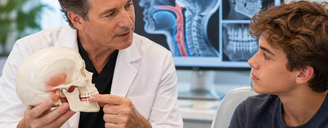 Doctor in a white coat explains jaw anatomy to a young patient using a skull model, with dental X-rays on a monitor in the background.