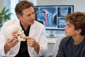 Doctor in a white coat explains jaw anatomy to a young patient using a skull model, with dental X-rays on a monitor in the background.