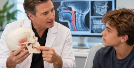 Doctor in a white coat explains jaw anatomy to a young patient using a skull model, with dental X-rays on a monitor in the background.