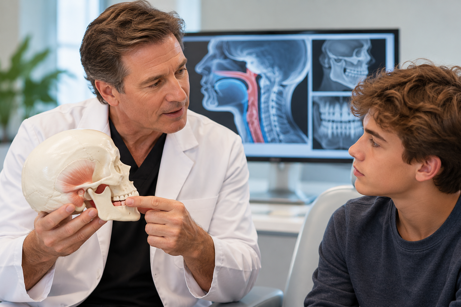Doctor in a white coat explains jaw anatomy to a young patient using a skull model, with dental X-rays on a monitor in the background.